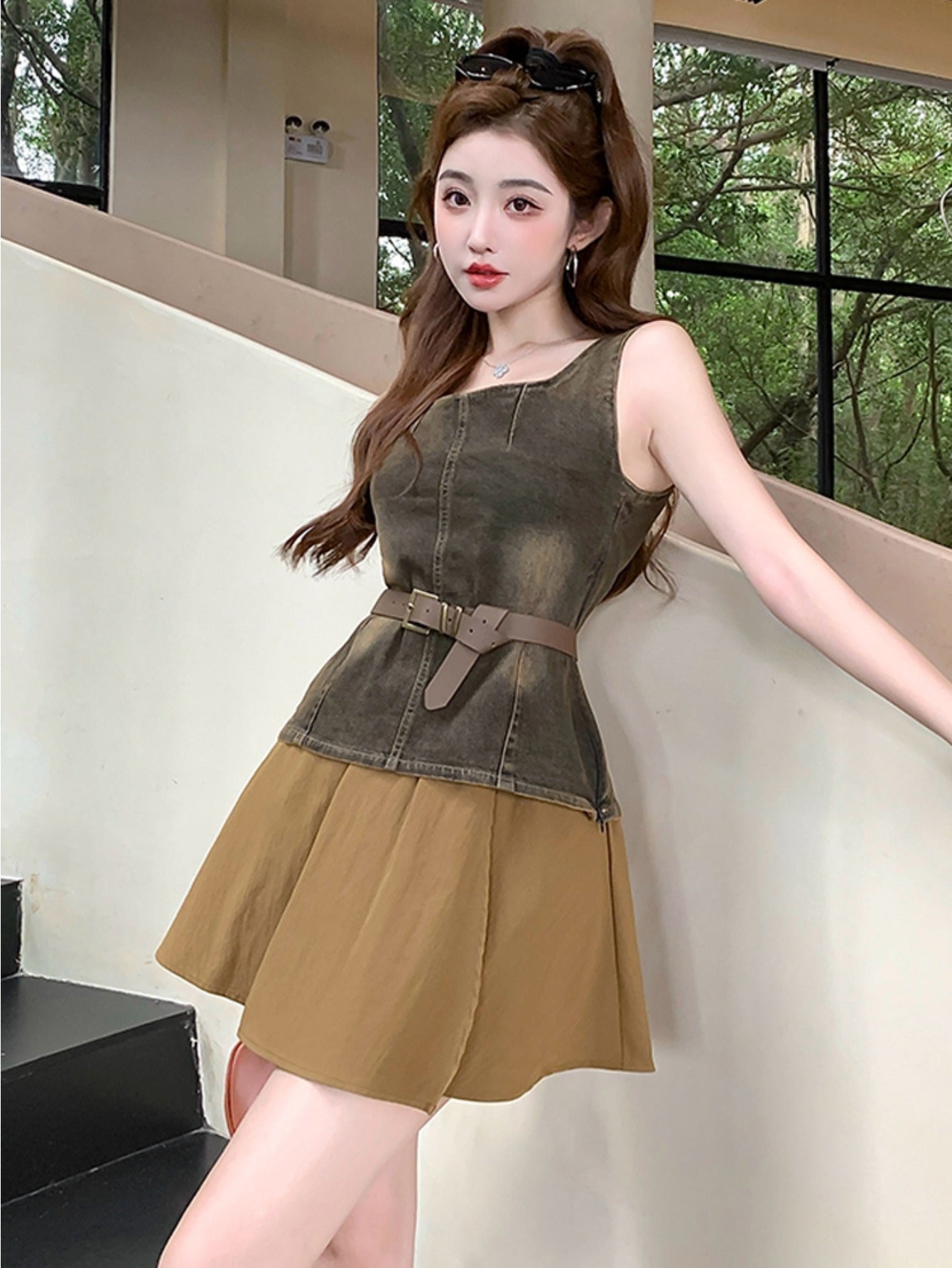 Denim suspender vest suit skirt women's summer slim top short A-shaped skirt fashion two-piece set