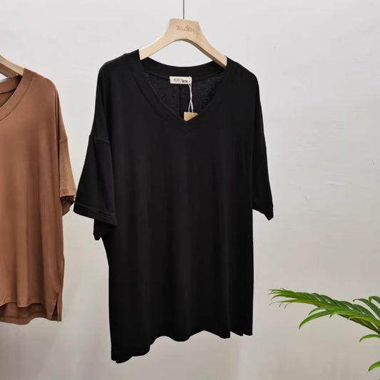 Summer New Modal Loose Top Bat Sleeve Women's Bottom Women's V-Neck Medium Sleeve T-Shirt Large Size