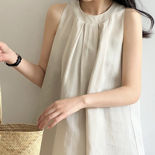 Tencel linen neck shirt women's summer French top loose temperament sleeveless foreign style shirt age-reducing doll shirt