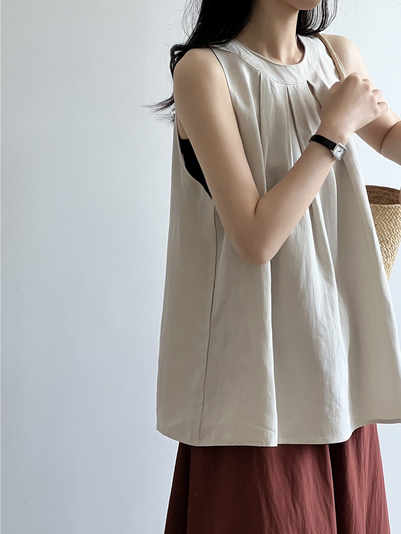 Tencel linen neck shirt women's summer French top loose temperament sleeveless foreign style shirt age-reducing doll shirt