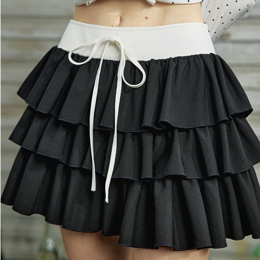 Low waist contrasting color cake skirt women wear multi-layer skirt A-word short skirt