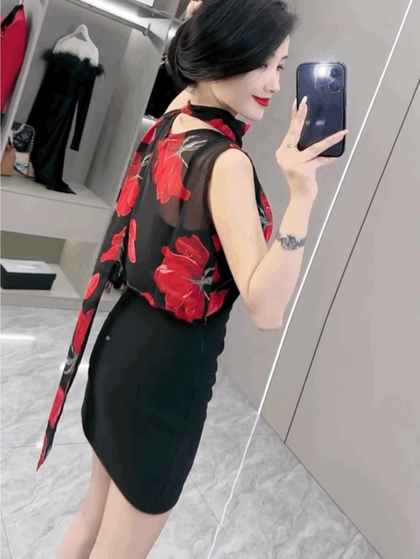 French rose streamer chiffon T-shirt women's new chic high-end versatile sleeveless temperament top trendy