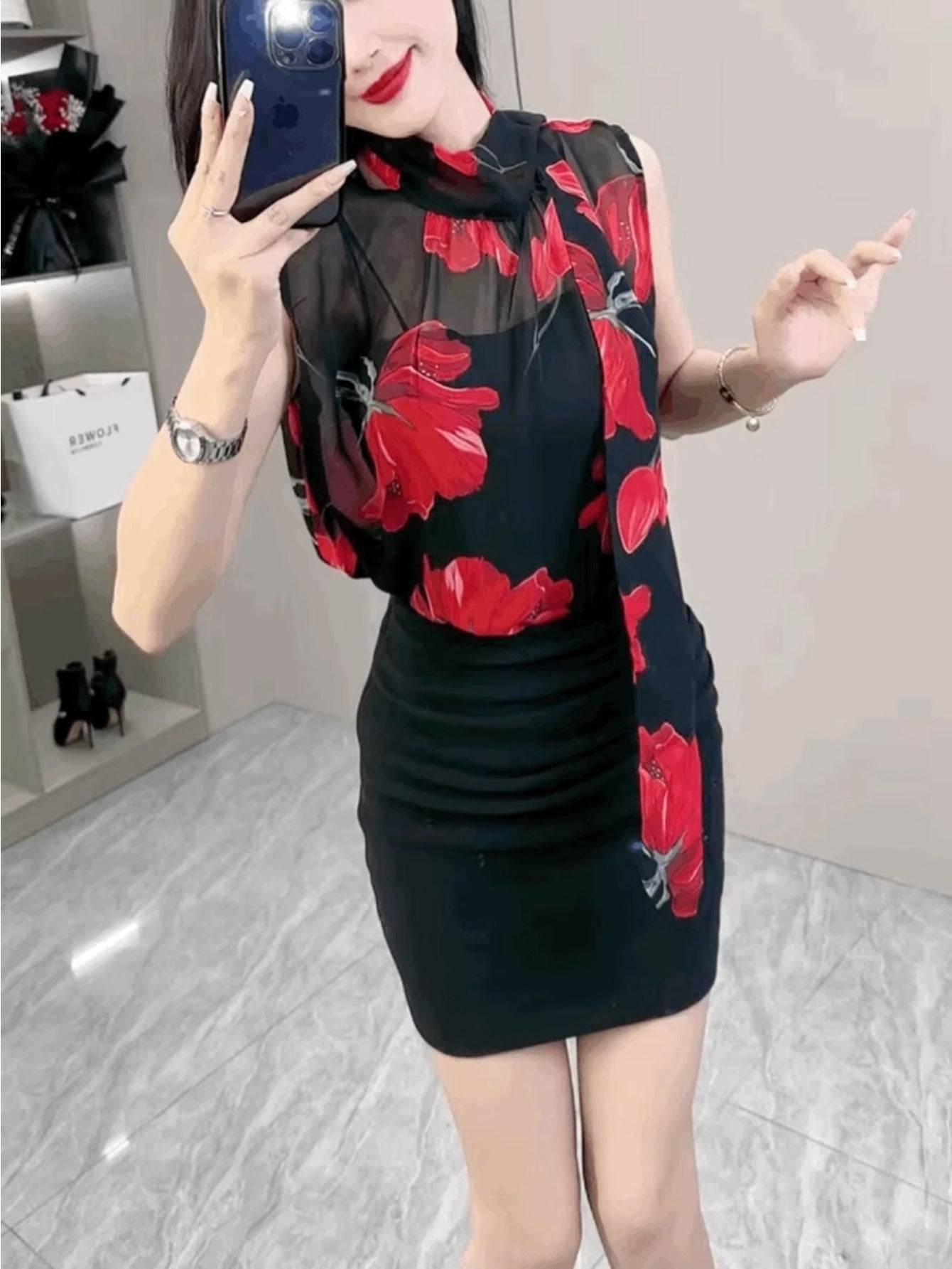 French rose streamer chiffon T-shirt women's new chic high-end versatile sleeveless temperament top trendy