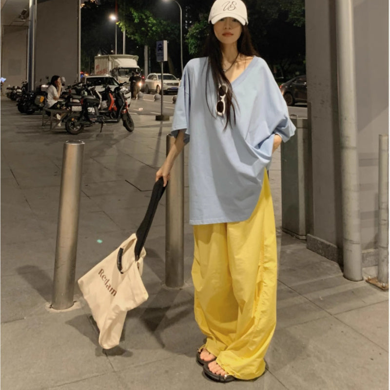 Lazy wind loose oversize short-sleeved T-shirt women's summer 2024 new casual solid color V-neck medium and long top