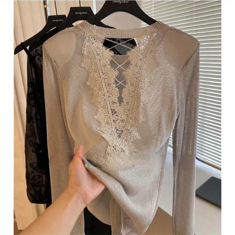 Cold grey hollow bow long-sleeved top women's 2024 autumn new fashionable niche design knitted T-shirt
