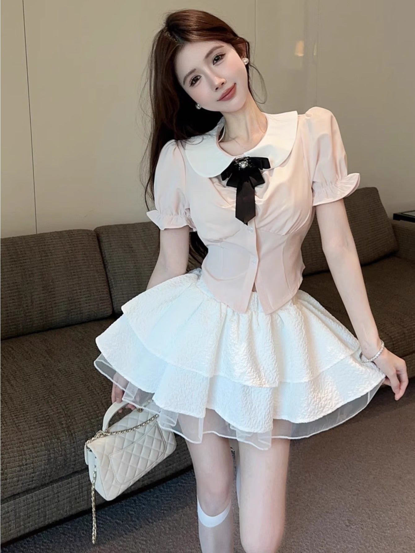 Sweet Academy Set 2024 Summer Short Sleeve Bow Shirt Cake Fluffy Skirt