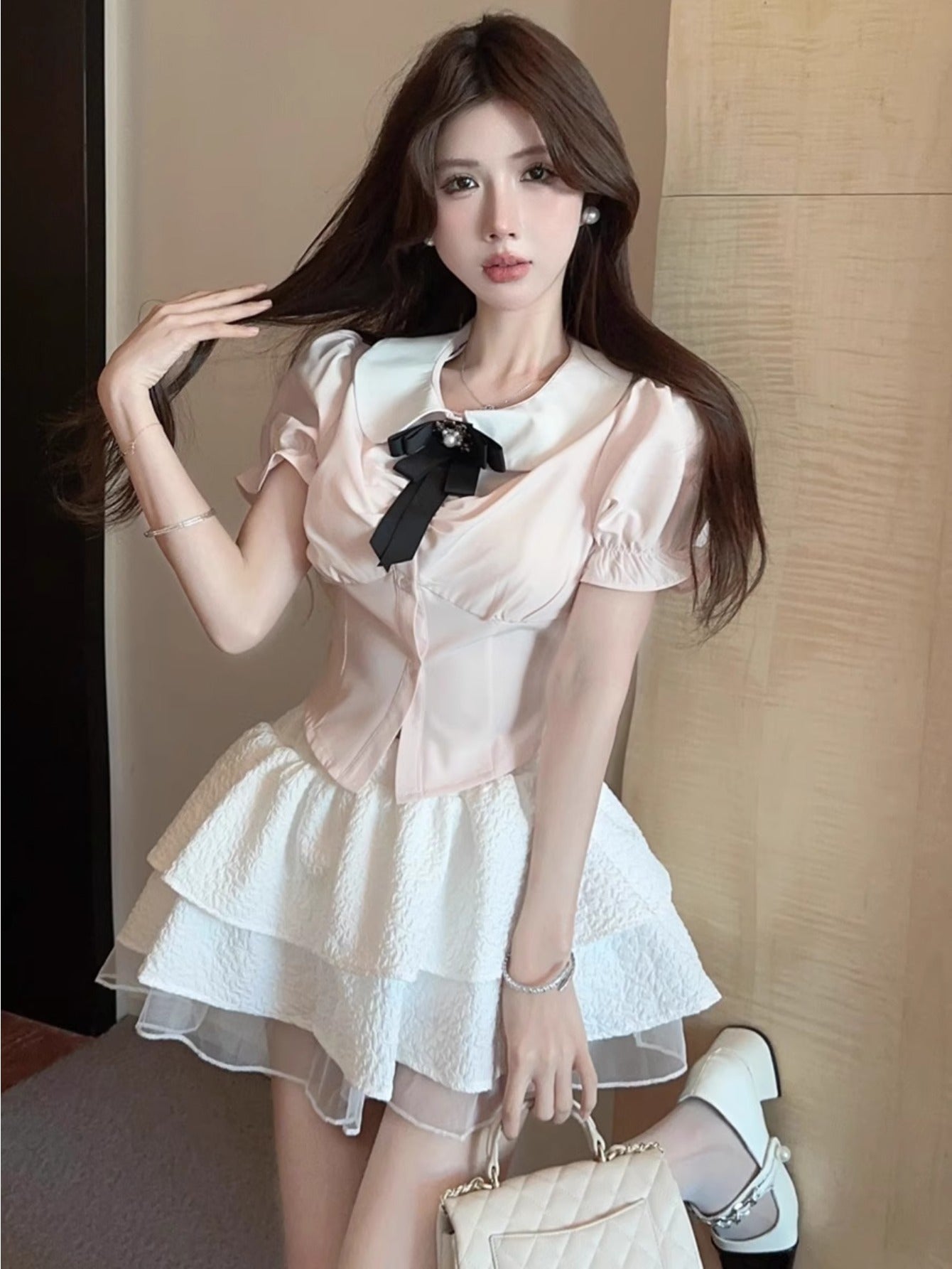 Sweet Academy Set 2024 Summer Short Sleeve Bow Shirt Cake Fluffy Skirt