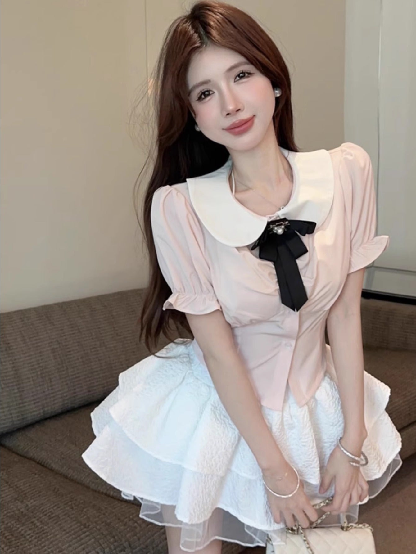 Sweet Academy Set 2024 Summer Short Sleeve Bow Shirt Cake Fluffy Skirt