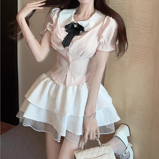 Sweet Academy Set 2024 Summer Short Sleeve Bow Shirt Cake Fluffy Skirt