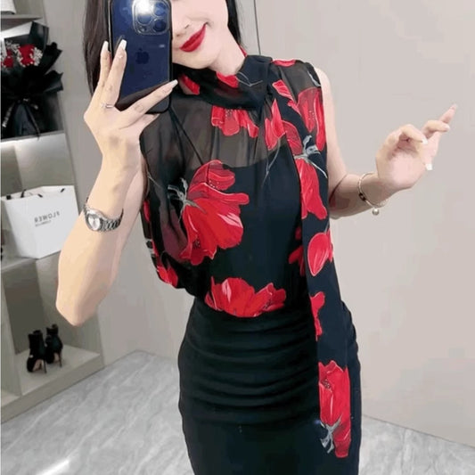 French rose streamer chiffon T-shirt women's new chic high-end versatile sleeveless temperament top trendy