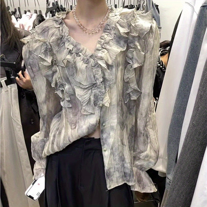 Shirt 2024 new women's spring European station retro design ruffle V-neck smudged long-sleeved chic shirt