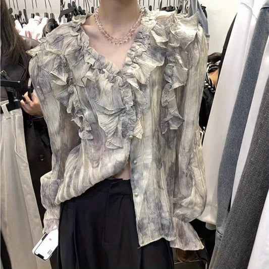 Shirt 2024 new women's spring European station retro design ruffle V-neck smudged long-sleeved chic shirt
