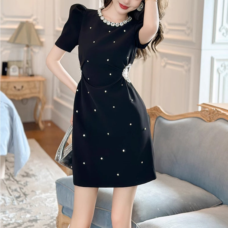 A-word dress women's new high-end Xiaoxiangfeng heavy industry evening dress waist and thin small black skirt