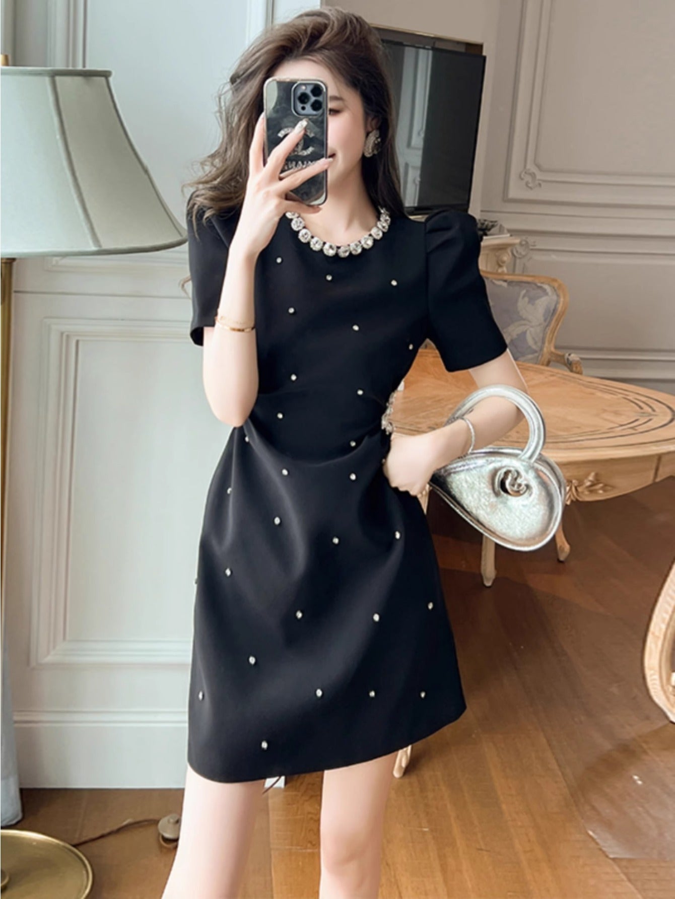 A-word dress women's new high-end Xiaoxiangfeng heavy industry evening dress waist and thin small black skirt