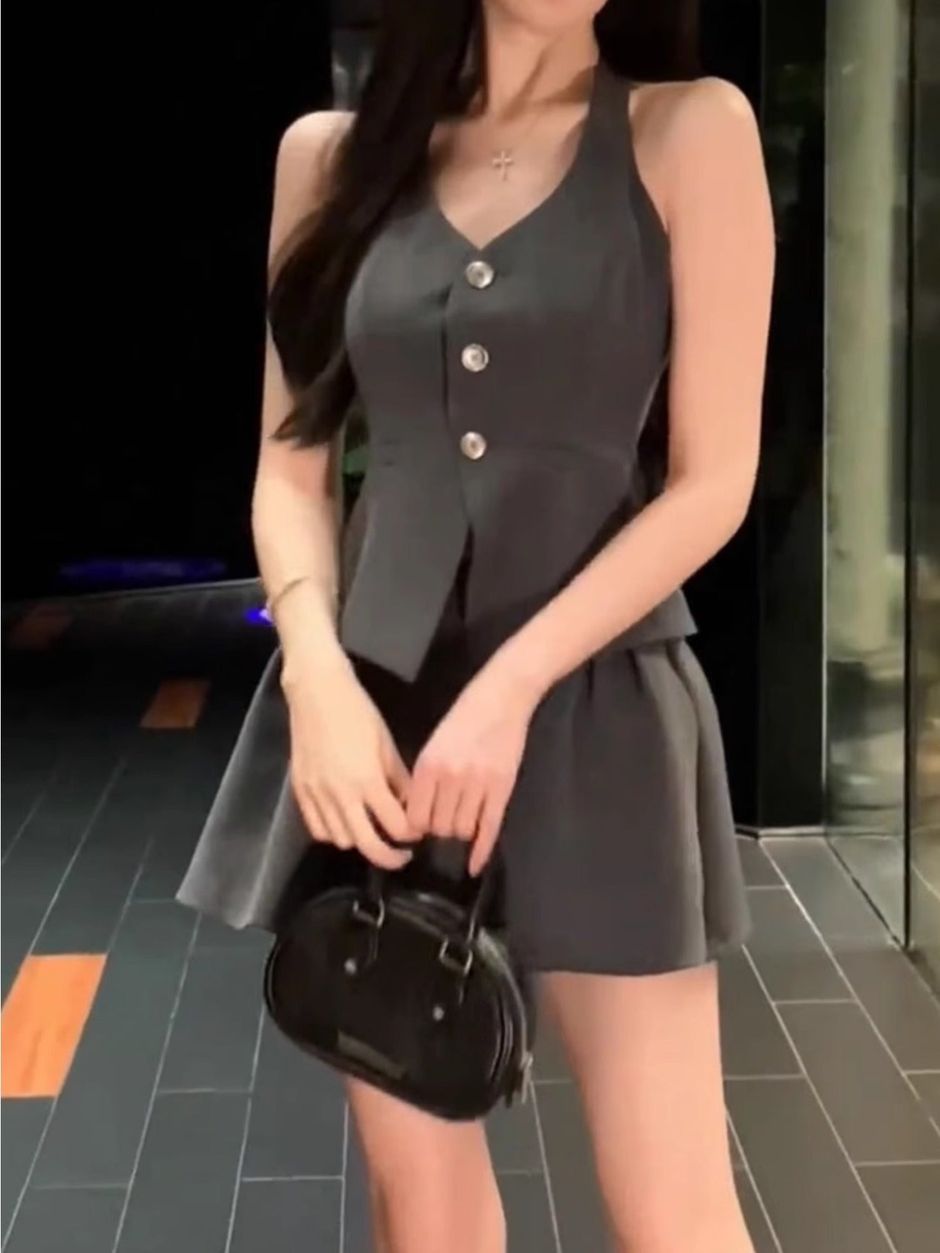 Hepburn style bow vest neck halter top high waist pleated skirt suit suit 2024 summer new