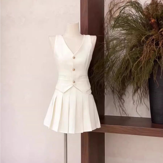 French Xiaoxiangfeng single-breasted split-fork suit, vest, sling vest, women's summer high-waisted pleated short skirt two-piece set