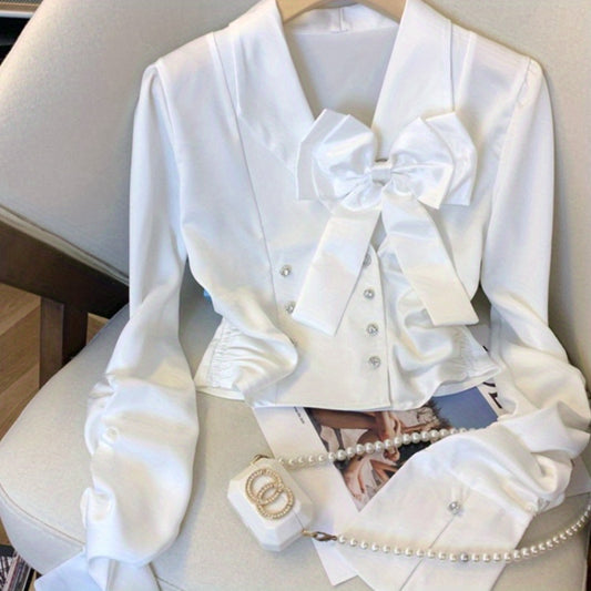 Xiaoxiangfeng temperament bow satin white shirt women's autumn new French unique chic long-sleeved short top