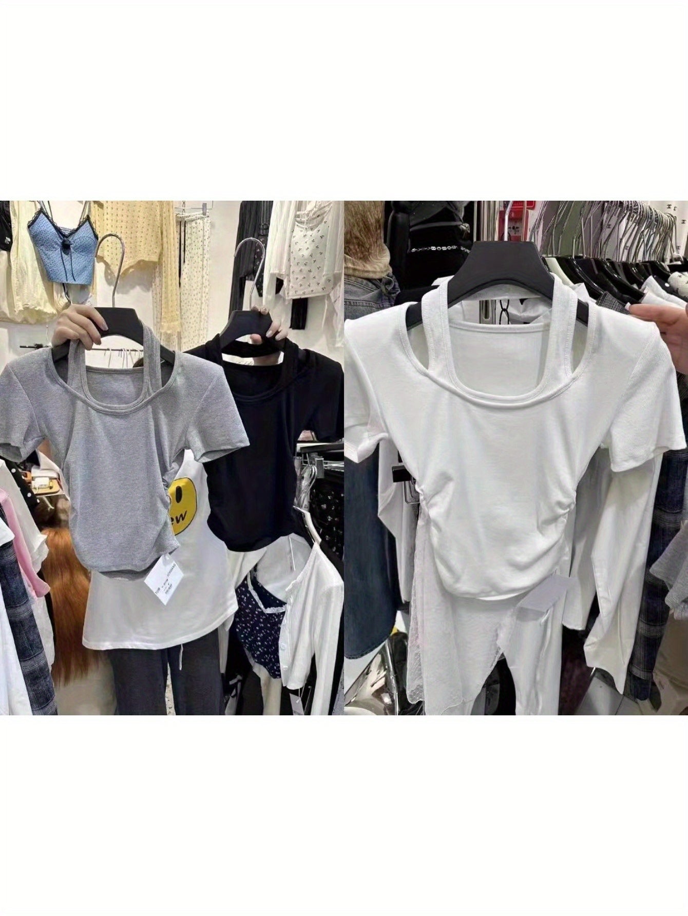 Dongdaemun 2024 summer new Korean version short-sleeved T-shirt women's design sense fake two pieces neck slim and thin top