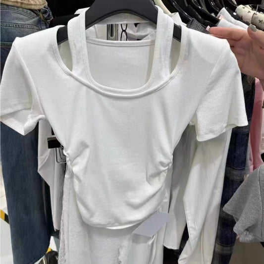 Dongdaemun 2024 summer new Korean version short-sleeved T-shirt women's design sense fake two pieces neck slim and thin top
