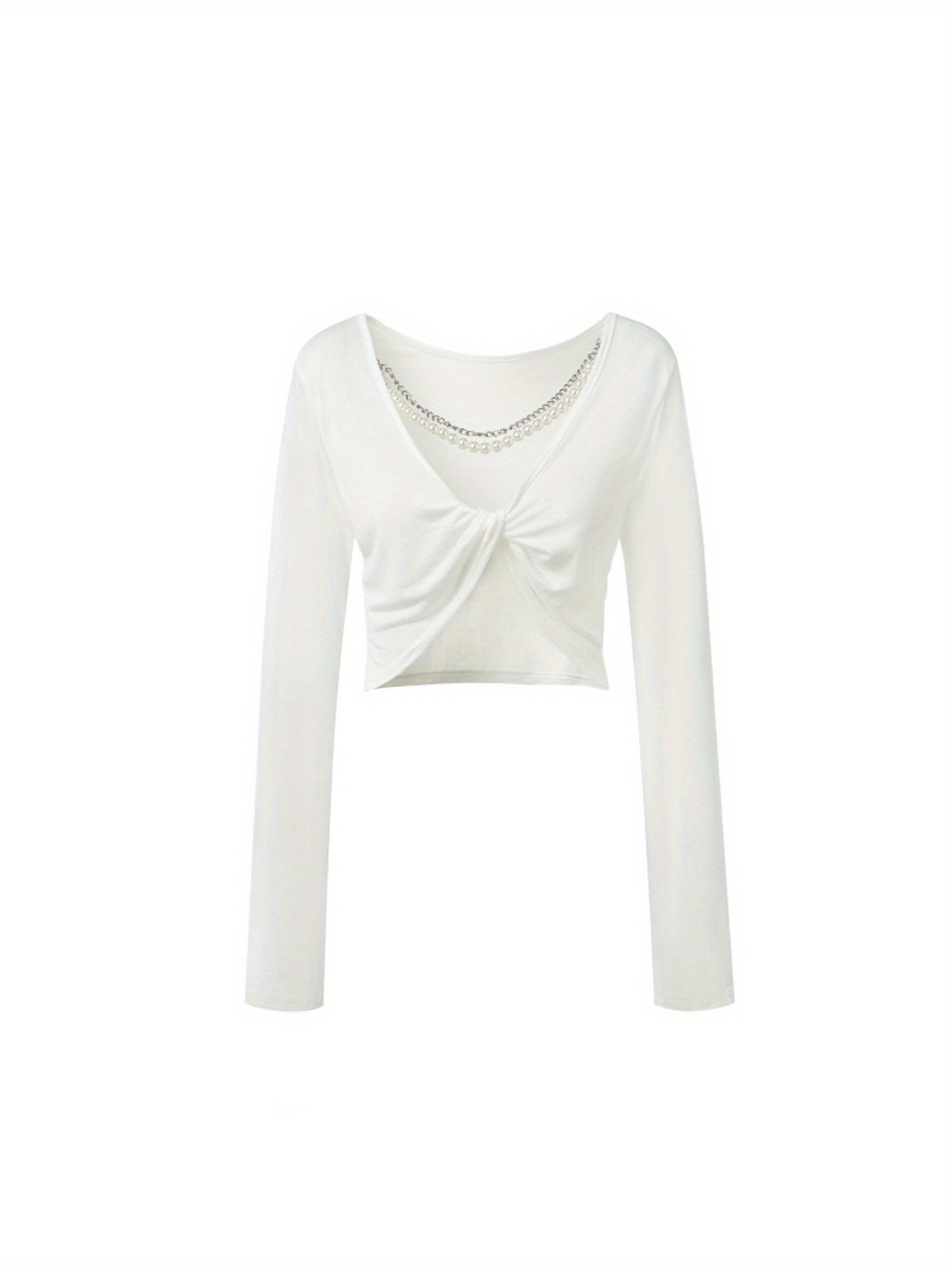 Pearl chain knot backless sunscreen long-sleeved T-shirt women's summer thin top