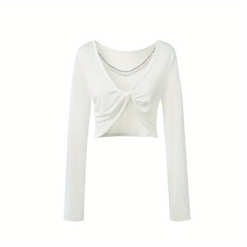 Pearl chain knot backless sunscreen long-sleeved T-shirt women's summer thin top