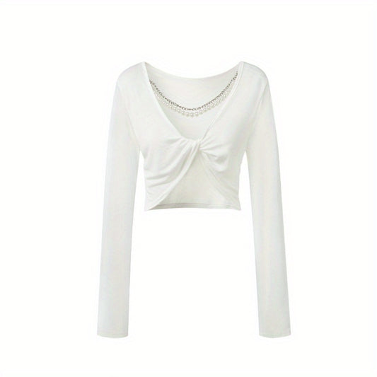 Pearl chain knot backless sunscreen long-sleeved T-shirt women's summer thin top