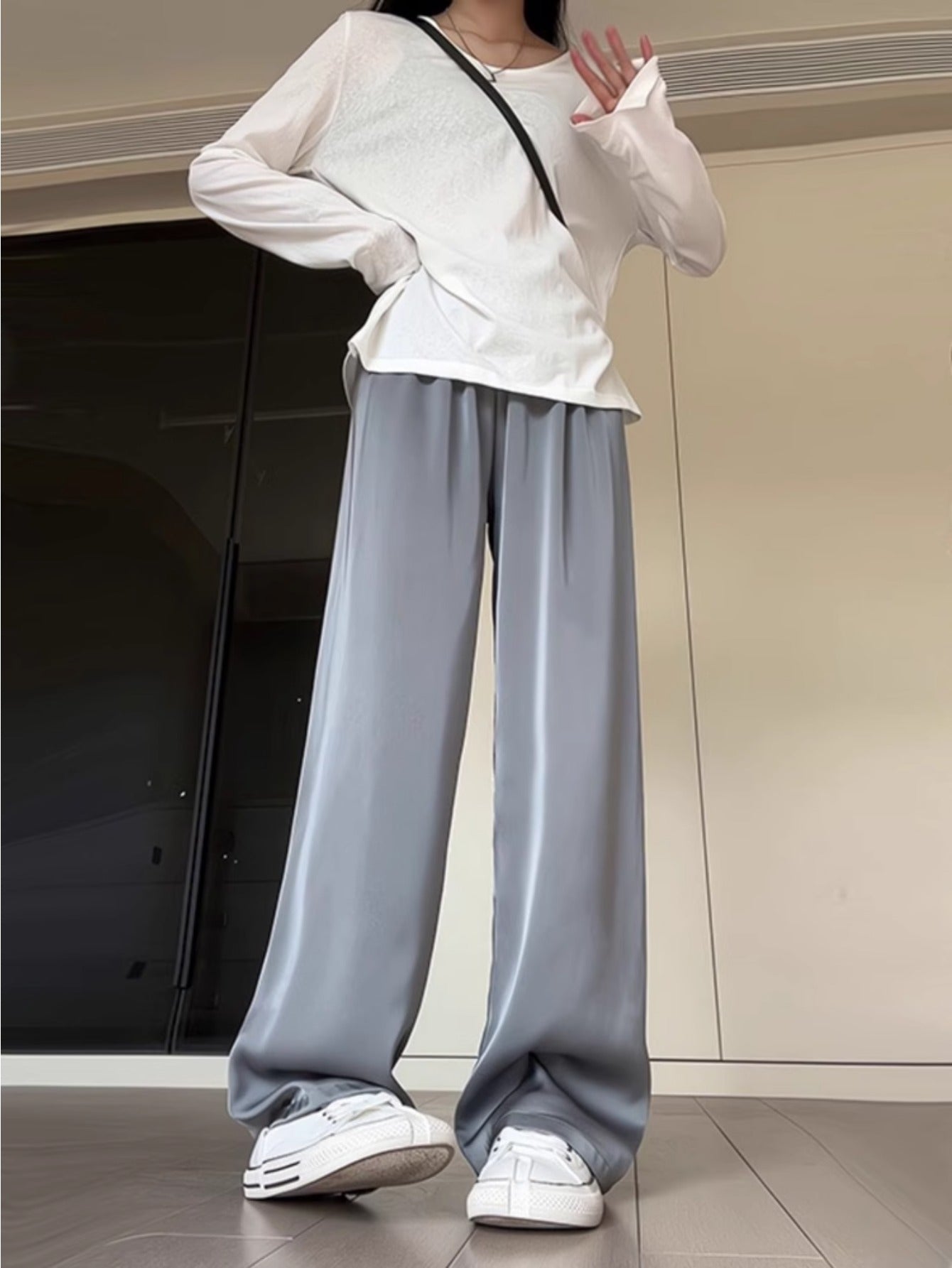 Premium gray acetic acid satin wide-leg pants women's summer thin drape ice silk cool shaking pants floor-mopping trousers