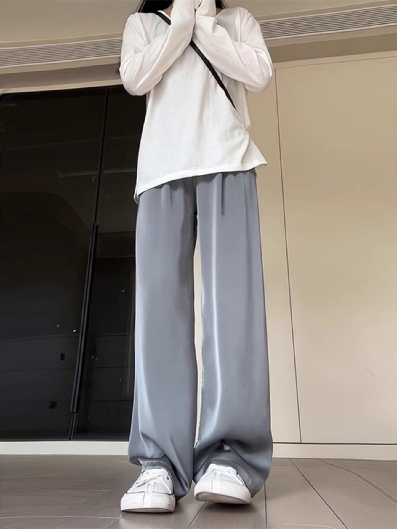 Premium gray acetic acid satin wide-leg pants women's summer thin drape ice silk cool shaking pants floor-mopping trousers