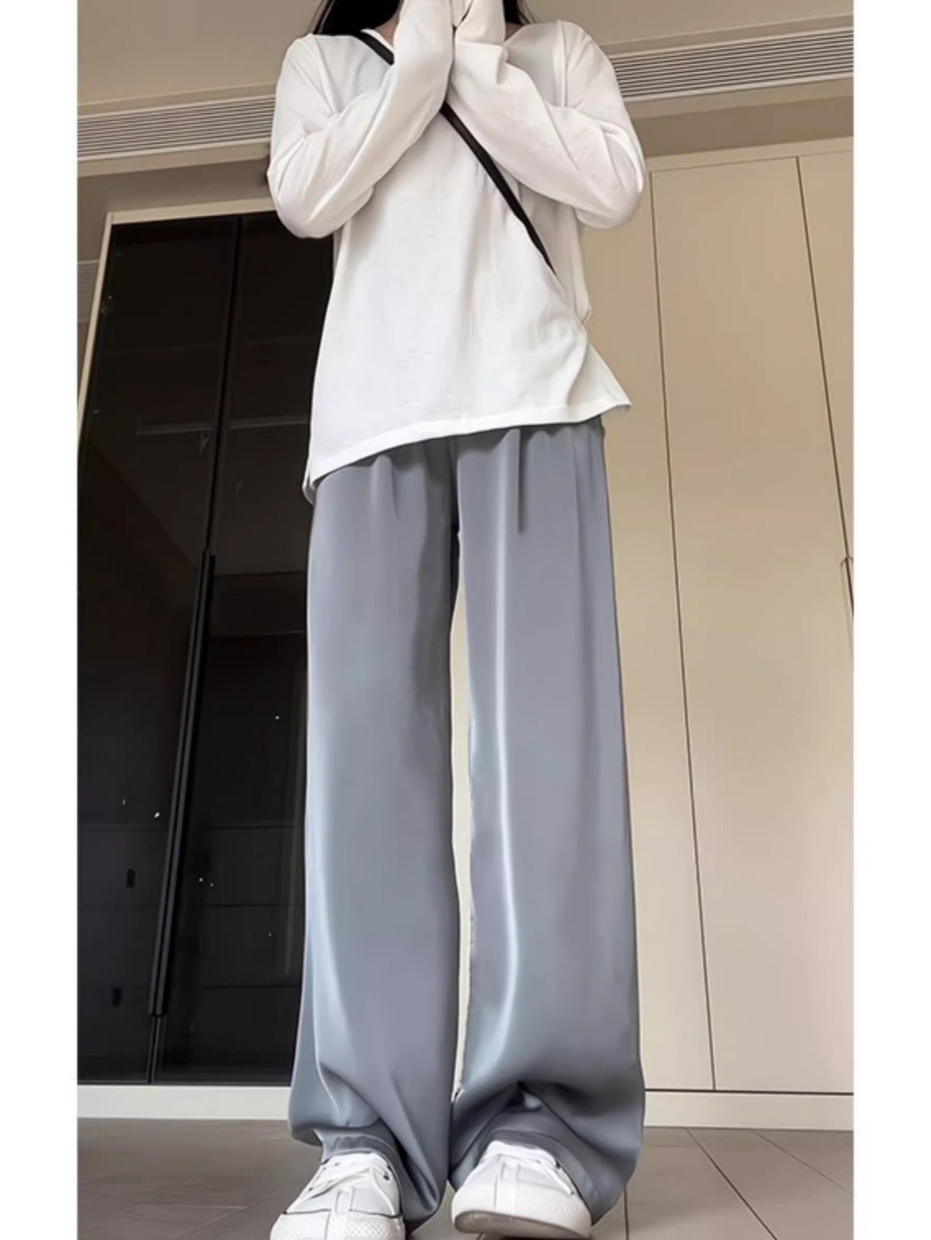 Premium gray acetic acid satin wide-leg pants women's summer thin drape ice silk cool shaking pants floor-mopping trousers