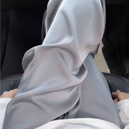 Premium gray acetic acid satin wide-leg pants women's summer thin drape ice silk cool shaking pants floor-mopping trousers