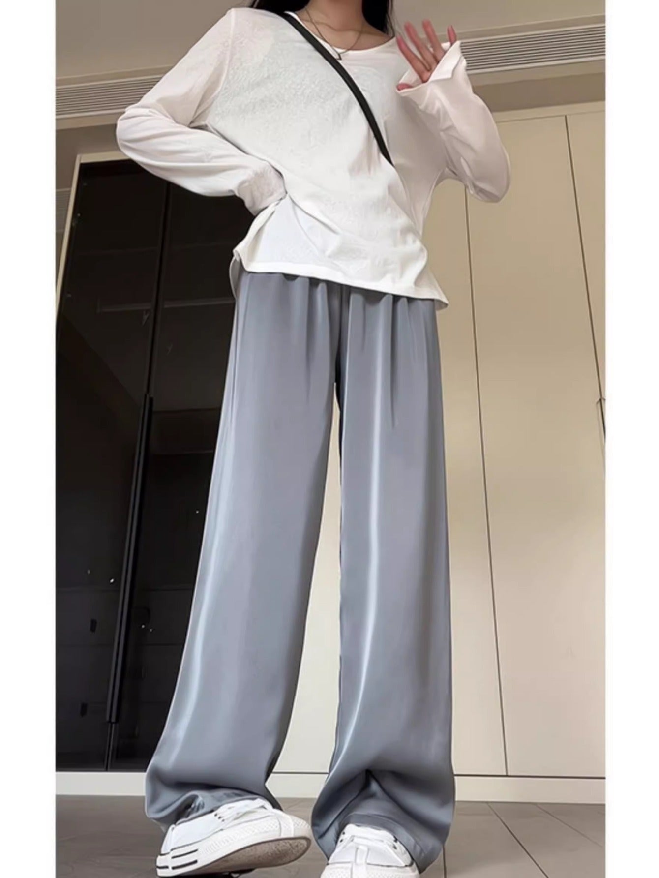 Premium gray acetic acid satin wide-leg pants women's summer thin drape ice silk cool shaking pants floor-mopping trousers