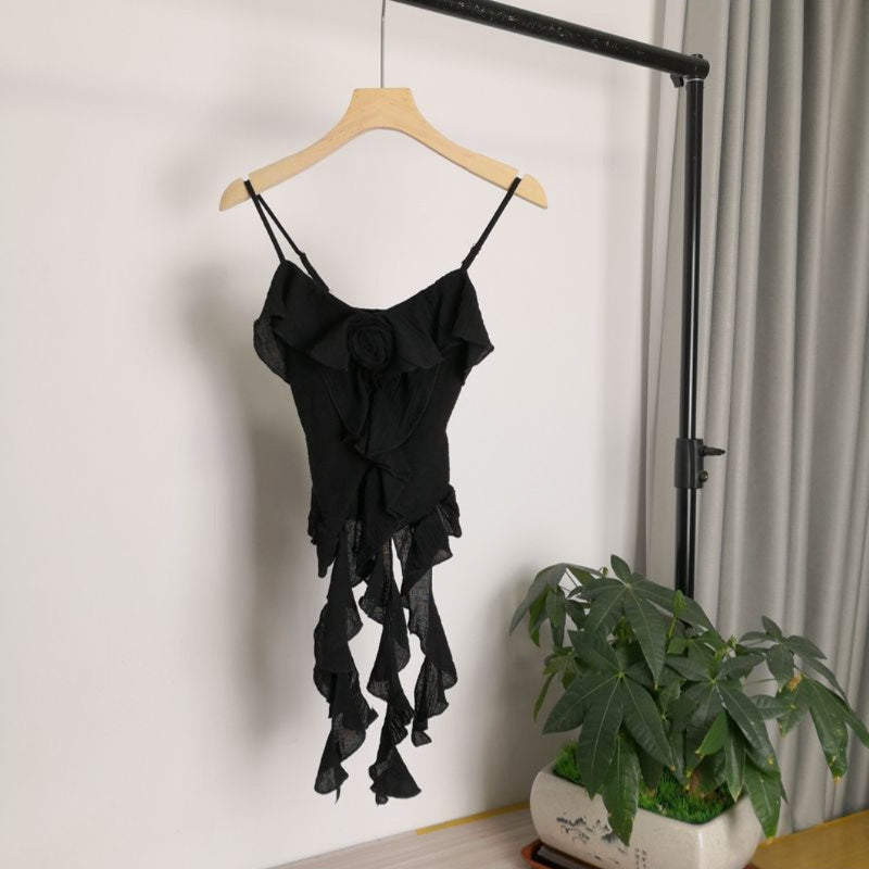 Wasteland Spice Girl Short Splicing Lotus Leaf Edge Rose Suspender Vest Top Women's 2024 Summer New