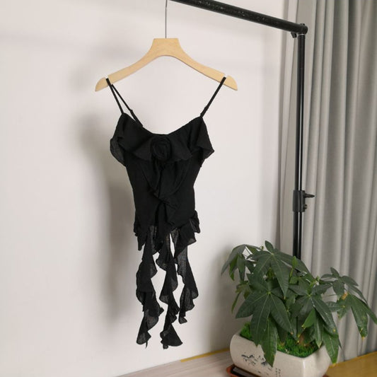Wasteland Spice Girl Short Splicing Lotus Leaf Edge Rose Suspender Vest Top Women's 2024 Summer New