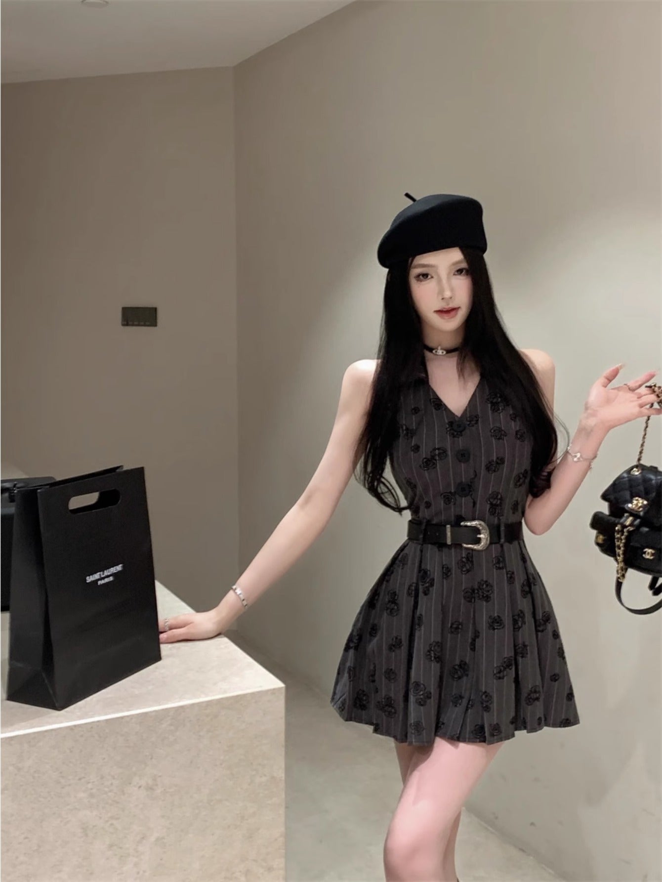 Rose embroidered neck dress women's summer v-neck sleeveless skirt Spice girl sexy temperament a word pleated short skirt