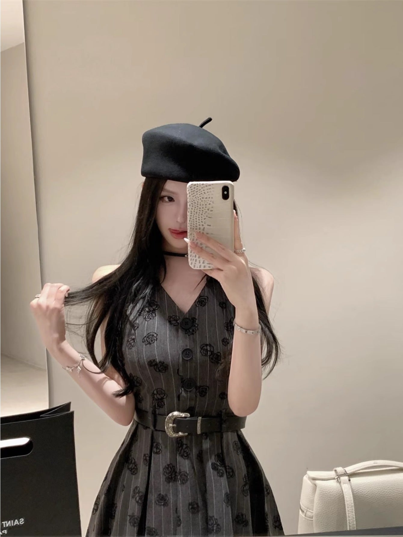 Rose embroidered neck dress women's summer v-neck sleeveless skirt Spice girl sexy temperament a word pleated short skirt