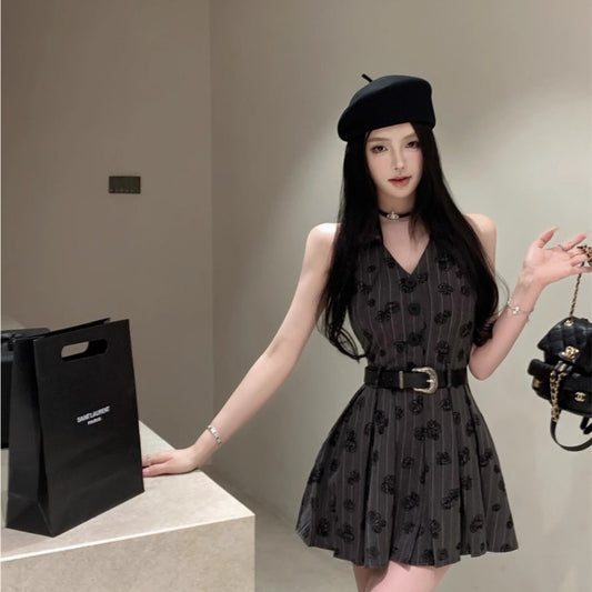 Rose embroidered neck dress women's summer v-neck sleeveless skirt Spice girl sexy temperament a word pleated short skirt