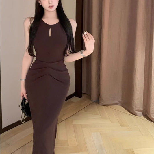 Hollow sleeveless vest dress women's summer pleated waist skirt purple sexy temperament tight hip-wrapped dress