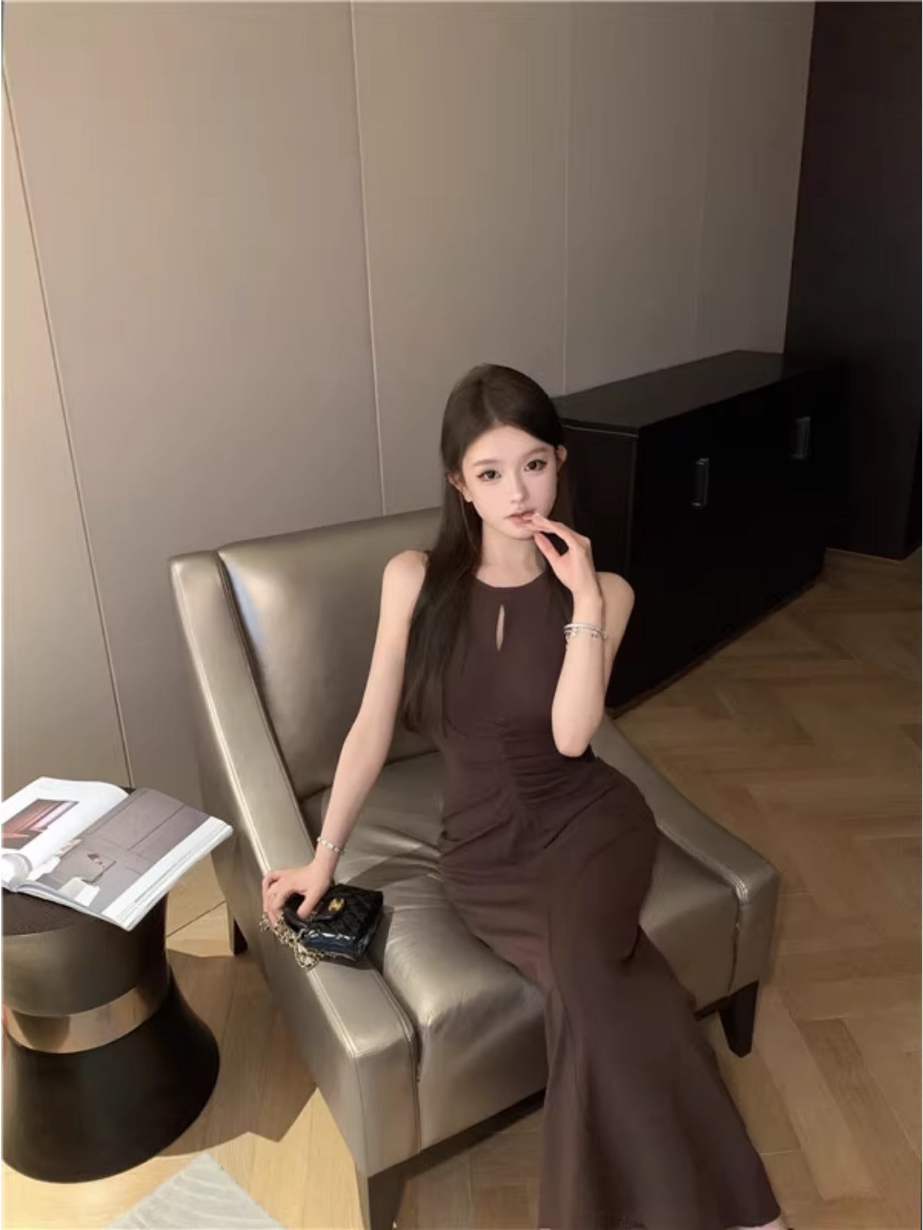 Hollow sleeveless vest dress women's summer pleated waist skirt purple sexy temperament tight hip-wrapped dress
