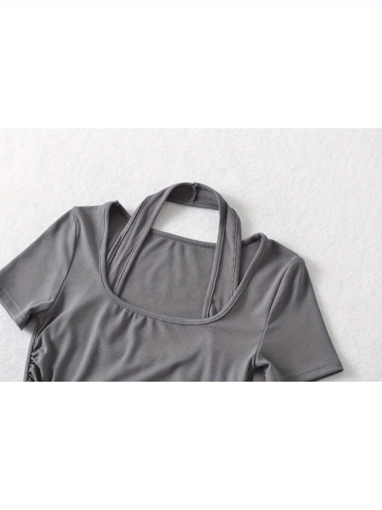 Fake two-piece neck-hanging large square-necked short-sleeved T-shirt summer new female pure desire Spice Girl wind side pleated slim-fit top