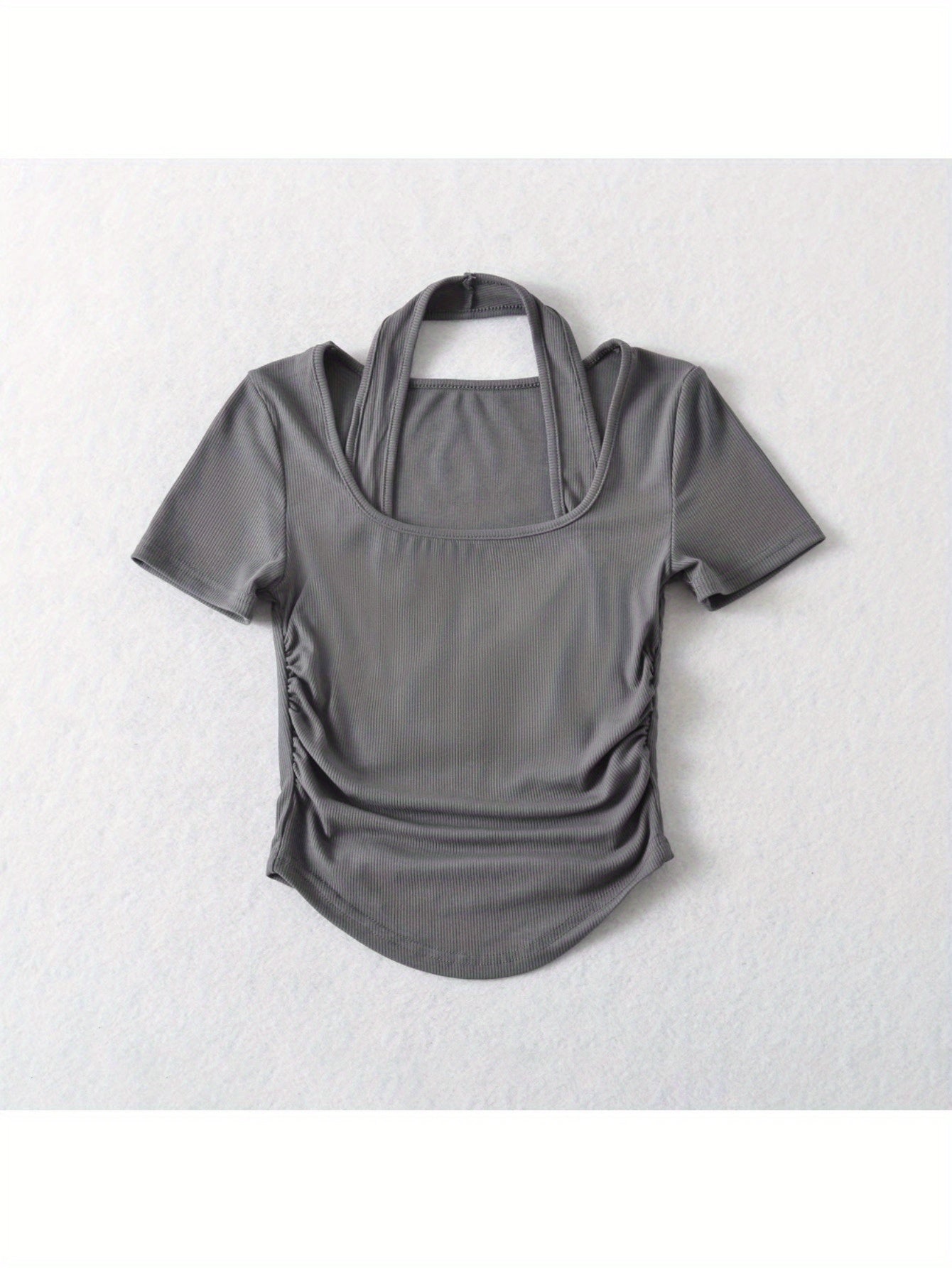 Fake two-piece neck-hanging large square-necked short-sleeved T-shirt summer new female pure desire Spice Girl wind side pleated slim-fit top