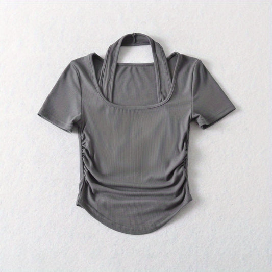 Fake two-piece neck-hanging large square-necked short-sleeved T-shirt summer new female pure desire Spice Girl wind side pleated slim-fit top