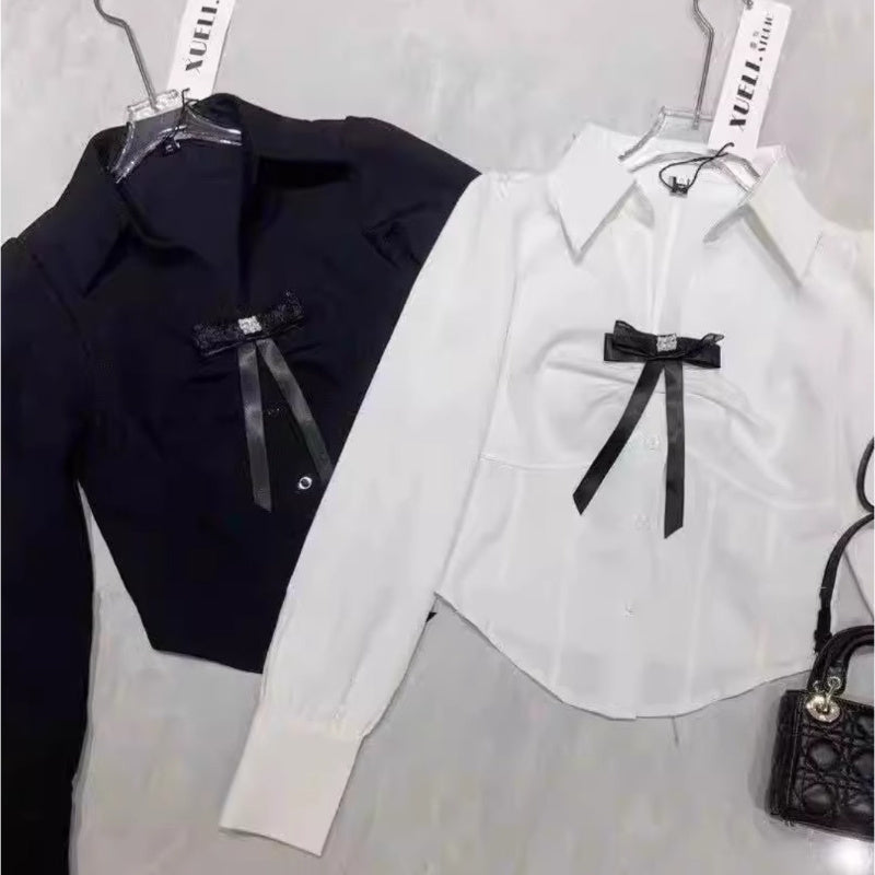 Autumn new Korean version of pure desire wind V-neck bow waist long-sleeved shirt white