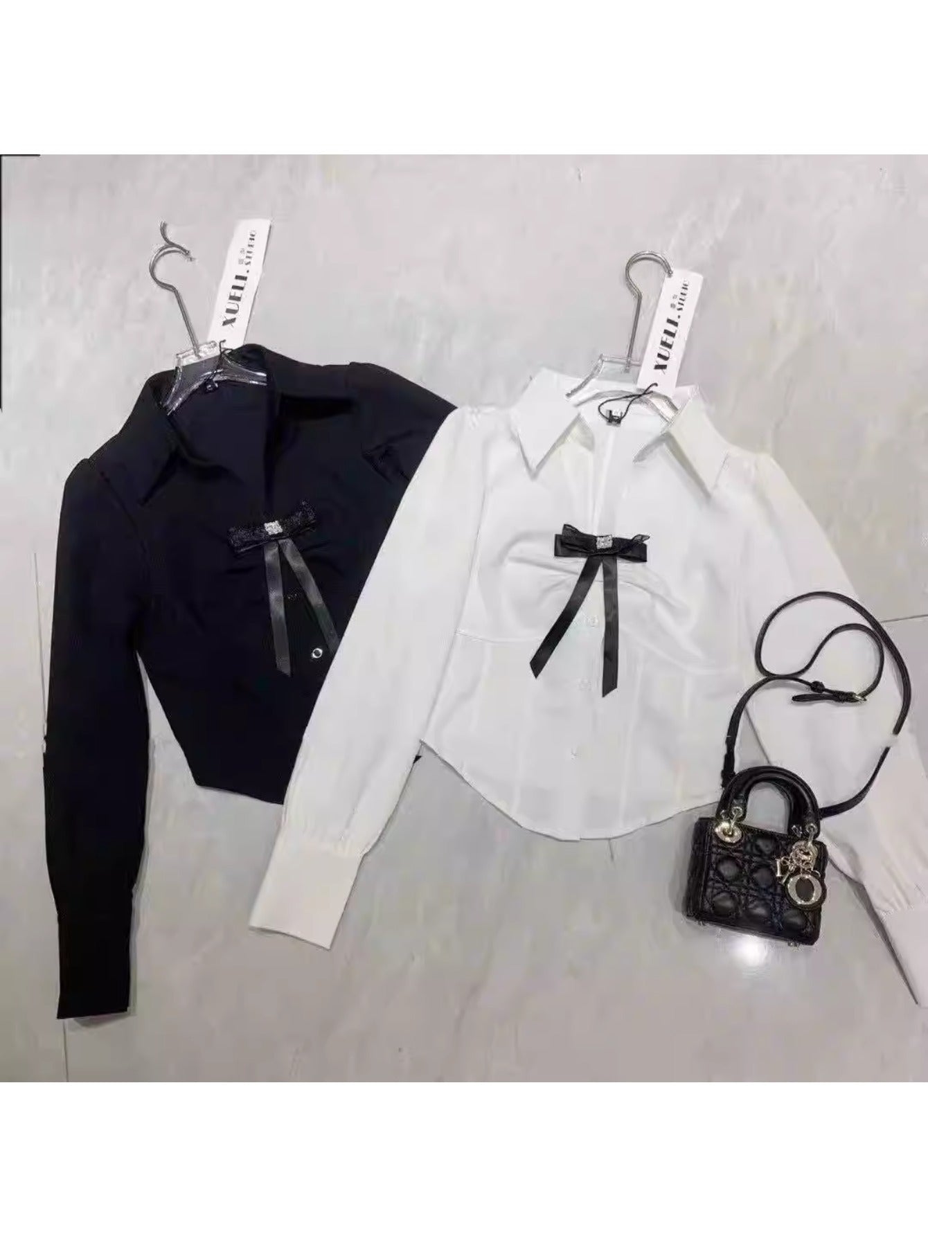 Autumn new Korean version of pure desire wind V-neck bow waist long-sleeved shirt white