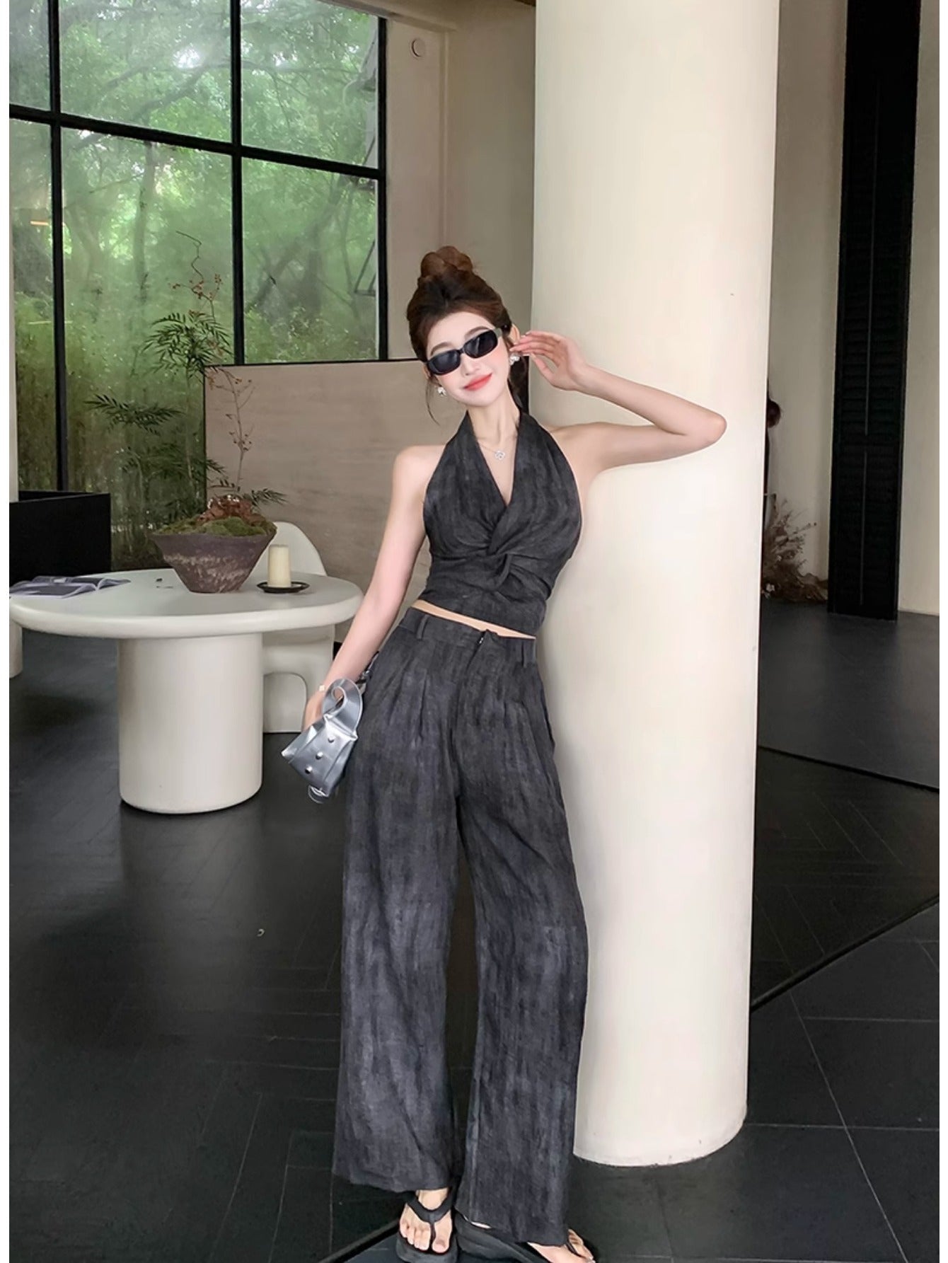 Design sense short neck vest top 2024 summer new slim straight wide-leg pants set two-piece set women