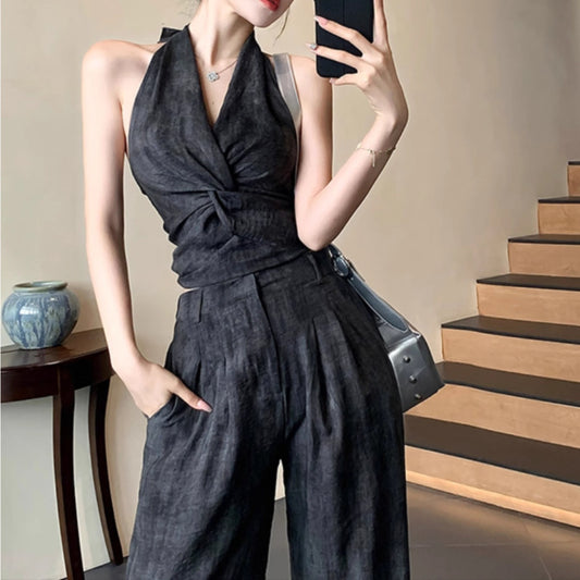 Design sense short neck vest top 2024 summer new slim straight wide-leg pants set two-piece set women