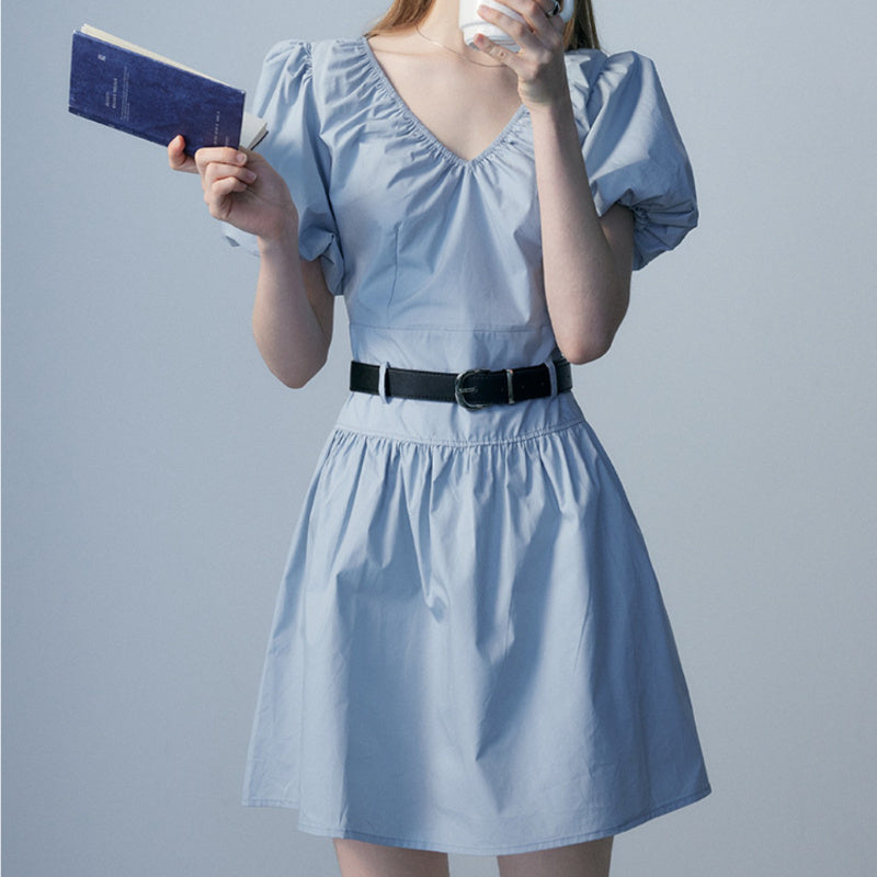 Bubble sleeve V-neck dress women's new waist slim and thin pleated solid color skirt