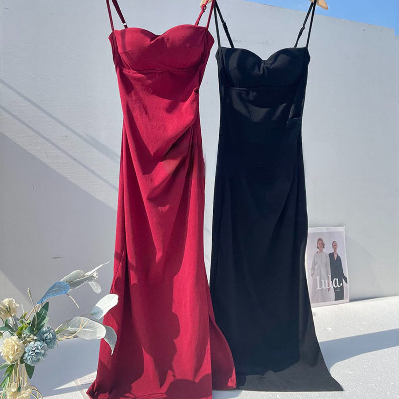 Spring niche design sense pure desire style sexy suspender dress with chest pad cotton skirt pleated split skirt
