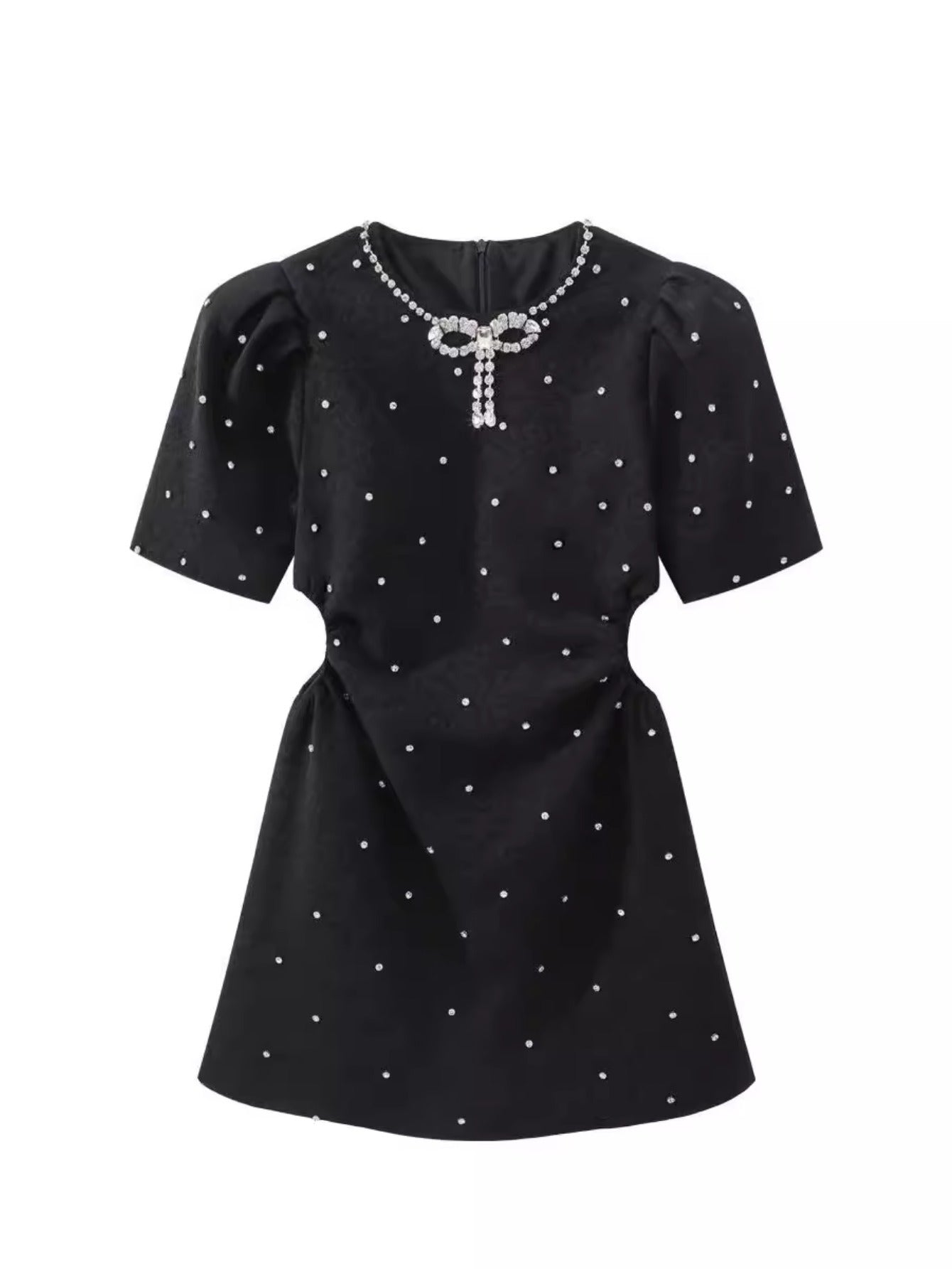 2024 spring and summer new Xiaoxiangfeng bow collar texture fabric hollow waist bubble sleeve dress