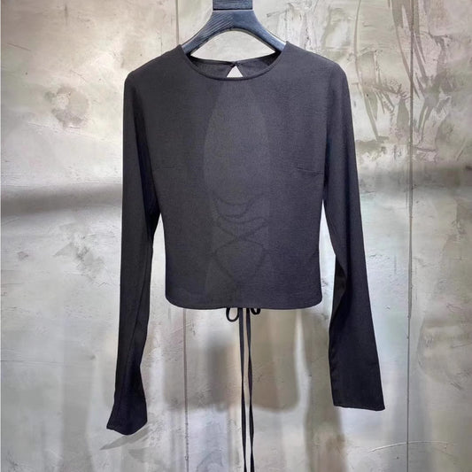 European station one-word collar halter long-sleeved T-shirt women's 2024 autumn sexy tight European and American slim black top women's trend